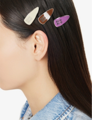 Miu Miu Womens  Enamelled Pack Of Three Metal Hair Clips In Tabacco+petunia+gess