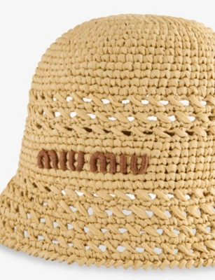 Miu Miu Womens Naturale Tundra Branded Crotchet Woven Bucket Hat