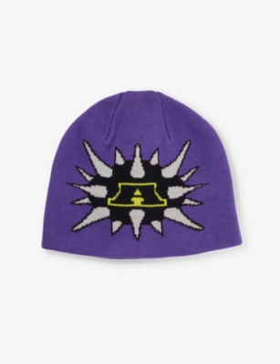 Awake Ny Mens Plum Bomb Skully Brand-print Cotton Beanie In Purple