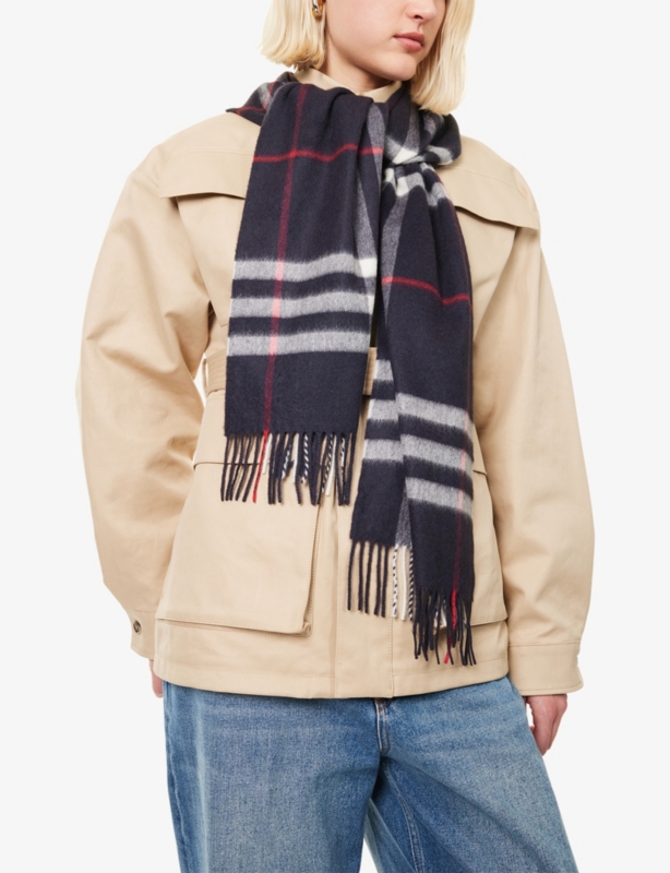 Check-print fringed cashmere scarf