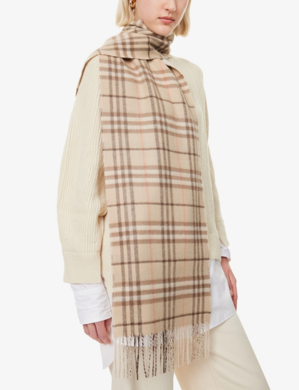 Check-print fringed cashmere scarf
