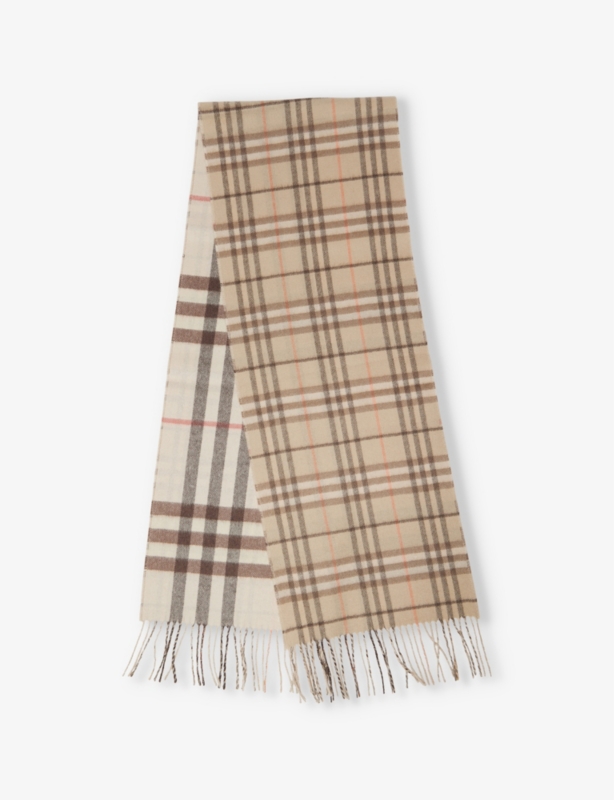 Check-print fringed cashmere scarf