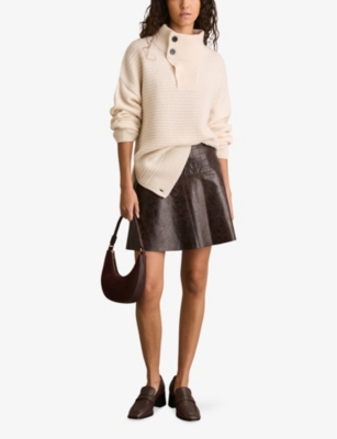 Reiss Womens Flared Crinkled Leather Mini Skirt Chocolate In Chocolate
