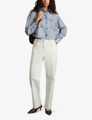 REISS: Darcy Denim-Print Cropped Cotton Shirt