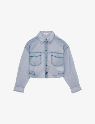 REISS: Darcy Denim-Print Cropped Cotton Shirt