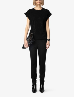 Zadig & Voltaire Womens Noir Cecilia Rhinestone-embellished Organic-cotton Top In Noir