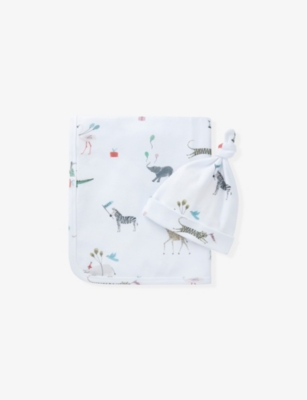 THE LITTLE WHITE COMPANY: Party Animals Reversible Organic Cotton Blanket & Hat Set 0-12 Months