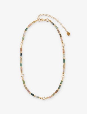 V BY LAURA VANN WOMENS COLUMN 18CT YELLOW-GOLD PLATED STERLING SILVER, AGATE AND TOPAZ NECKLACE 