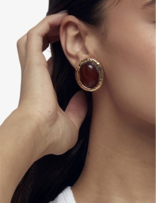 Heaven Mayhem Beverly Brown Oval Drop Earrings In 18k Gold Plated In Gold / Brown