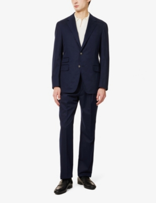 DUNHILL MENS DARK NAVY SINGLE-BREASTED THREE-FLAP-POCKETS REGULAR-FIT STRETCH-COTTON AND CASHMERE-BLEND BLAZ 