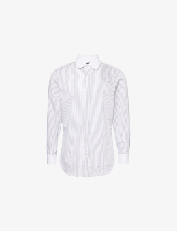 Stripe-Pattern Contrast-Collar Cotton Shirt