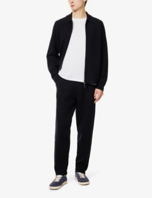 DUNHILL MENS HOUSE NAVY TWO-SLIP-POCKETSTAPERED-LEG RELAXED-FIT COTTON AND CASHMERE-BLEND JOGGING BOTTOMS 