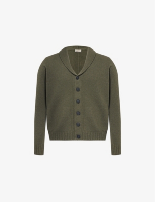 JOHN SMEDLEY MENS WOOD GREEN SHAWL-COLLAR REGULAR-FIT RECYCLED-CASHMERE AND WOOL CARDIGAN 