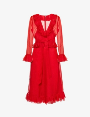 Valentino Womens Paris V-neck Ruffle-trim Silk Midi Dress In Paris