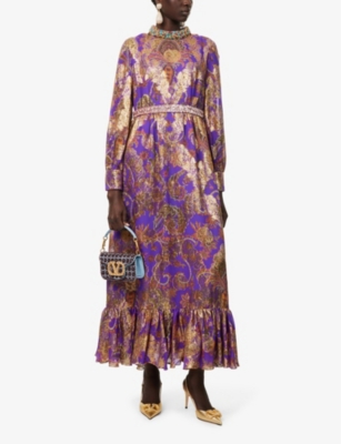 VALENTINO WOMENS PURPLE ORCHID MULTICOLOR APRES L'HIVER METALLIC JACQUARD SILK-BLEND MAXI DRESS 