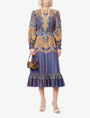 VALENTINO WOMENS MULTICOLOR. PAISLEY-PATTERN RUFFLE-TRIM COTTON MAXI DRESS