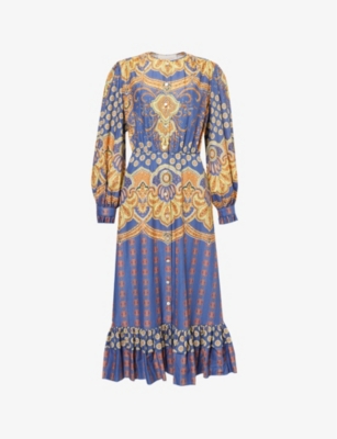 VALENTINO WOMENS MULTICOLOR. PAISLEY-PATTERN RUFFLE-TRIM COTTON MAXI DRESS