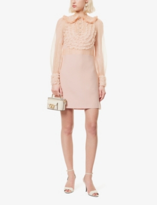 VALENTINO WOMENS ROSE MIST RUFFLE-TRIM LONG-SLEEVE SILK CREPE MINI DRESS