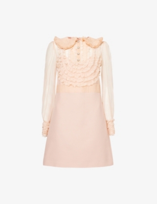 VALENTINO WOMENS ROSE MIST RUFFLE-TRIM LONG-SLEEVE SILK CREPE MINI DRESS