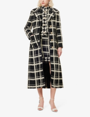 VALENTINO WOMENS NERO AVORIO CHECK TWEED SINGLE-BREASTED LONG WOOL-BLEND COAT