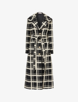 VALENTINO WOMENS VALENTINO GARAVANI CHECK TWEED SINGLE-BREASTED LONG WOOL-BLEND COAT