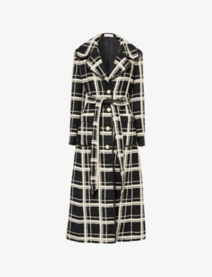 VALENTINO WOMENS NERO AVORIO CHECK TWEED SINGLE-BREASTED LONG WOOL-BLEND COAT