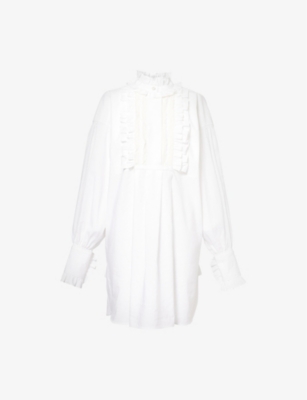 VALENTINO WOMENS BIANCO RUFFLE-TRIM LONG-SLEEVE COTTON-LINEN BLEND MINI DRESS