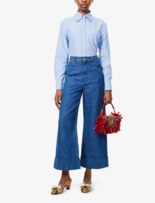 Shop Valentino Womens Buttoned-pockets Wide-leg High-rise Denim And Linen-blend Jeans Medium Blue Denim