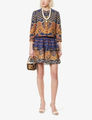 VALENTINO WOMENS INDACO MULTICOLOR TIERED PAISLEY-PRINT LINEN MINI SKIRT