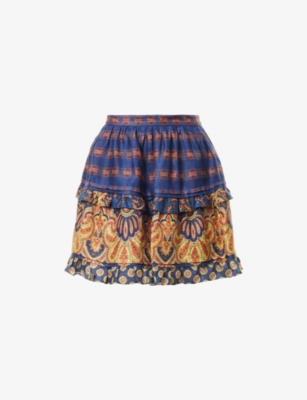 VALENTINO WOMENS INDACO MULTICOLOR TIERED PAISLEY-PRINT LINEN MINI SKIRT