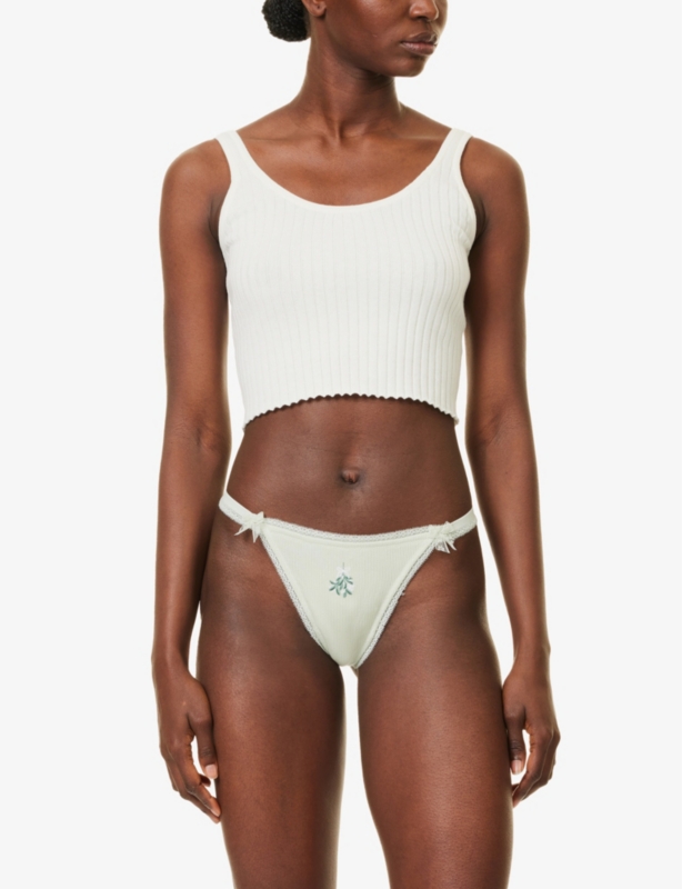 Ribbed lace-embroidery-trims pack of two stretch-woven thongs