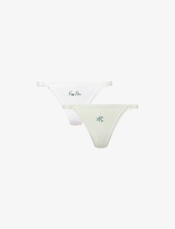 Ribbed lace-embroidery-trims pack of two stretch-woven thongs