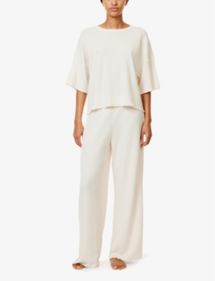 LOUNGE WOMENS CREAM SOFT WAFFLE TONAL-EMBROIDERY JERSEY PYJAMA TOP