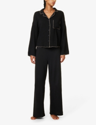 Lounge Underwear Womens  Crinkle-effect Ruffle-hem Woven Pyjama Top In Black