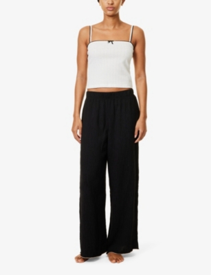 Shop Lounge Underwear Womens Black Crinkle-effect Ruffle-hem Woven Pyjama Trousers Xs