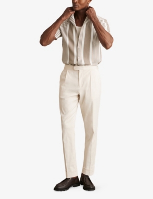 Reiss Mens Striped Short-sleeved Stretch-woven Shirt Oatmeal White In Oatmeal White