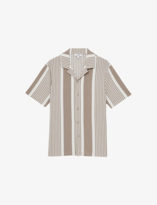 Reiss Mens Striped Short-sleeved Stretch-woven Shirt Oatmeal White In Oatmeal White