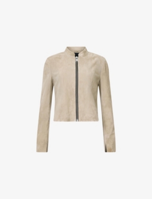 Allsaints Womens Sadler Round-neck Slim-fit Suede Jacket Silver Birch G
