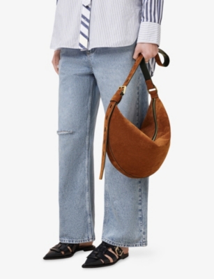 Shop Allsaints Womens Cognac Brown Half Moon Suede Shoulder Bag