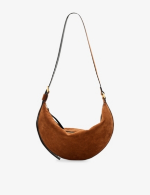 Shop Allsaints Womens Cognac Brown Half Moon Suede Shoulder Bag