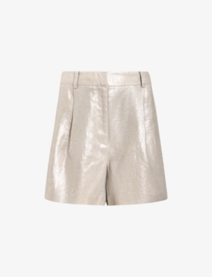 Allsaints Womens Silver Grey Averie Metallic Linen Shorts