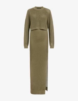 Allsaints Womens Miro Long-sleeve Knitted Maxi Dress Fir Green In Fir Green