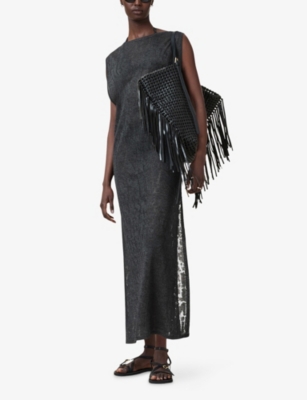 Allsaints Womens Kaito Boat-neck Jacquard-print Sleeveless Woven Maxi Dress Carbon Grey Xs In Black