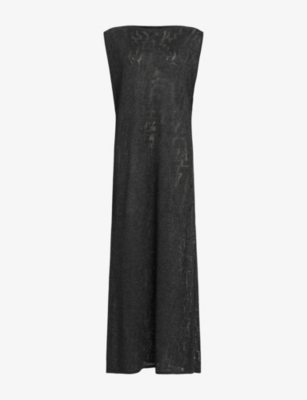 Allsaints Womens Kaito Boat-neck Jacquard-print Sleeveless Woven Maxi Dress Carbon Grey Xs In Black