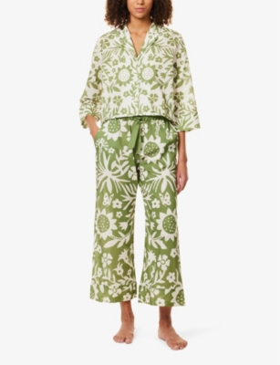 DESMOND AND DEMPSEY AND DEMPSEY WOMENS CREAM & GREEN FABELEI BOXY-FIT COTTON PYJAMA SET 