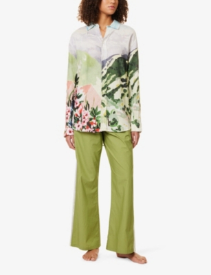 DESMOND AND DEMPSEY AND DEMPSEY WOMENS MULTI HÜTTE PRINTED UNISEX LINEN LOUNGE SHIRT 