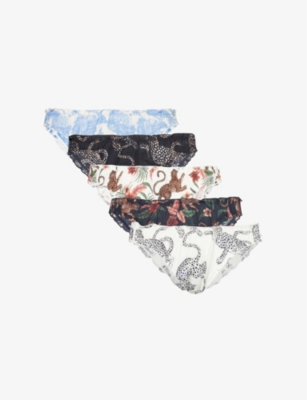 DESMOND AND DEMPSEY: Graphic-pattern pack of five cotton-poplin bikini briefs