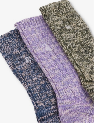 Shop Desmond And Dempsey And Dempsey Womens Green & Navy & Lavender Brand-embroidery Pack Of Three Cotton-blend Knitted Socks