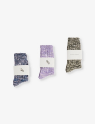 Shop Desmond And Dempsey And Dempsey Womens Green & Navy & Lavender Brand-embroidery Pack Of Three Cotton-blend Knitted Socks