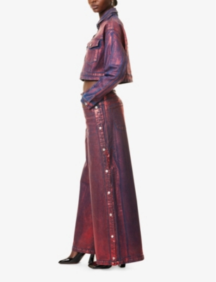 AMY LYNN WOMENS RED WREN FOIL-COATED WIDE-LEG DENIM TROUSERS 